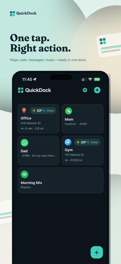 QuickDock home dock with saved action buttons