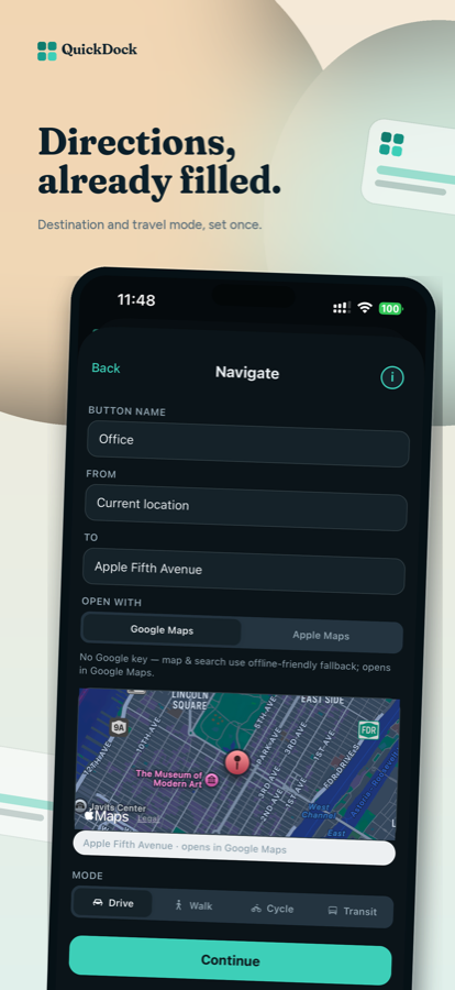 Action catalog to create a new one-tap button