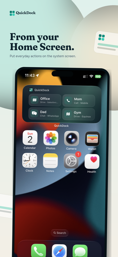 Home Screen widget showing QuickDock actions